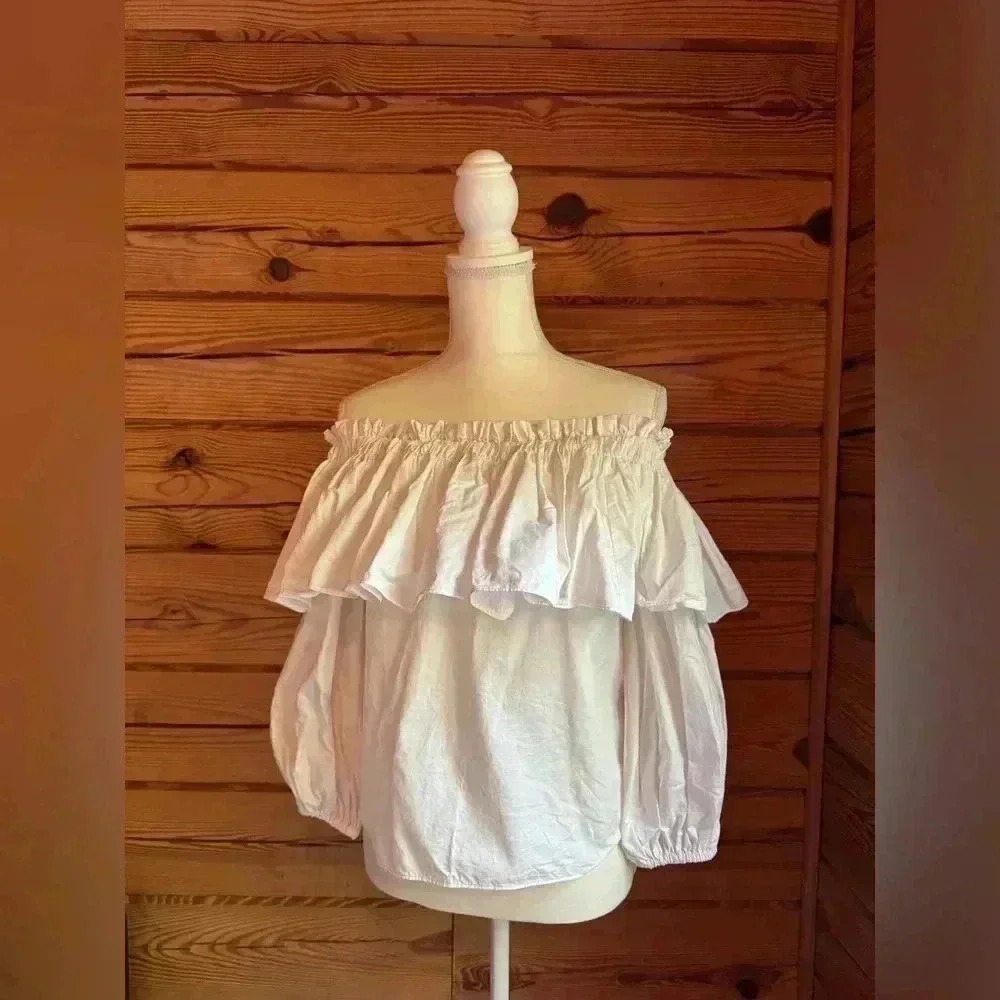ALEXIS off the shoulder ruffle three quarter sleeve blouse size small in white​